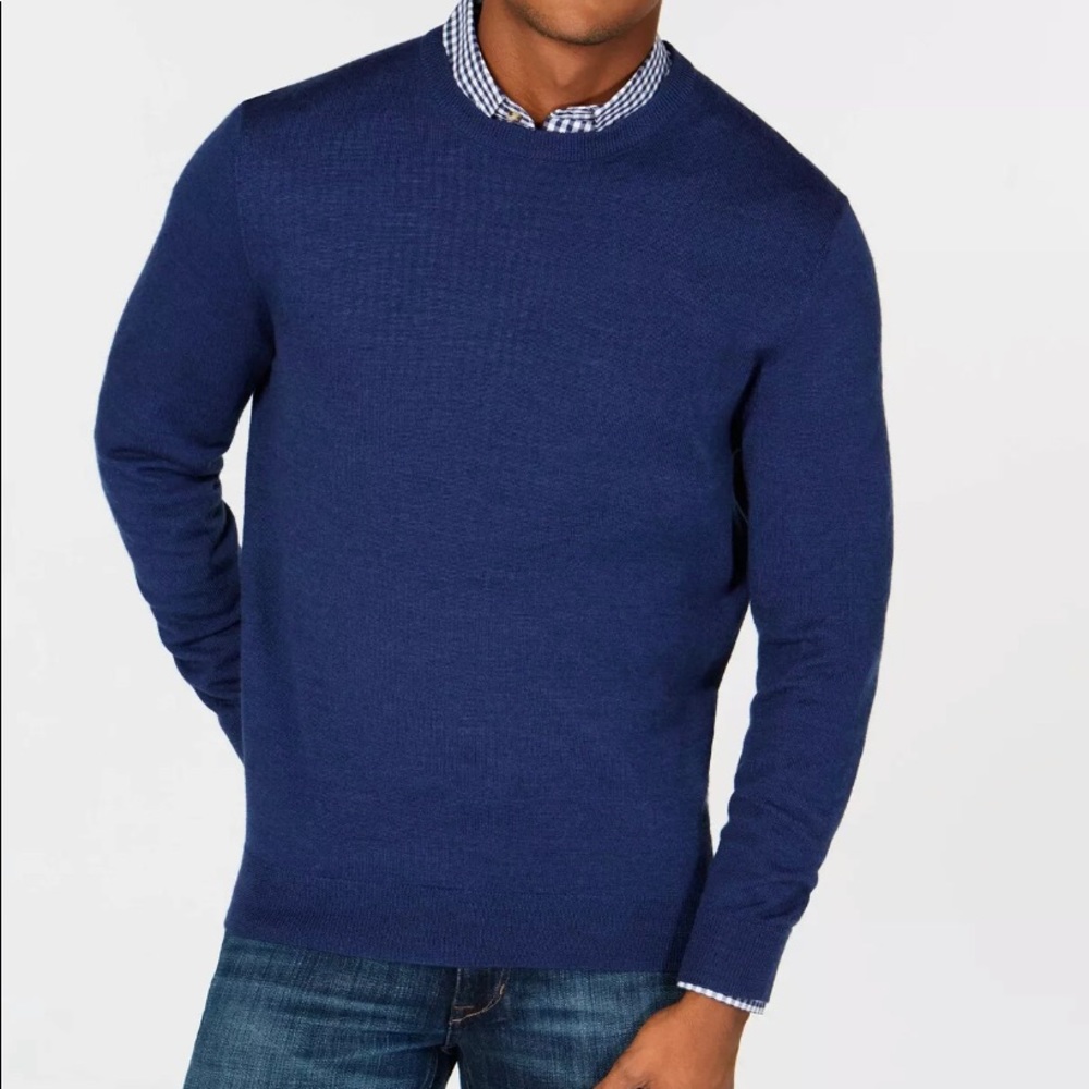 Club Room Men's Crewneck Merino Wool Blend Pullover Sweater, Crew Blue H…